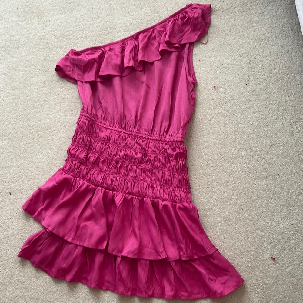 one shoulder hot pink mini dress
